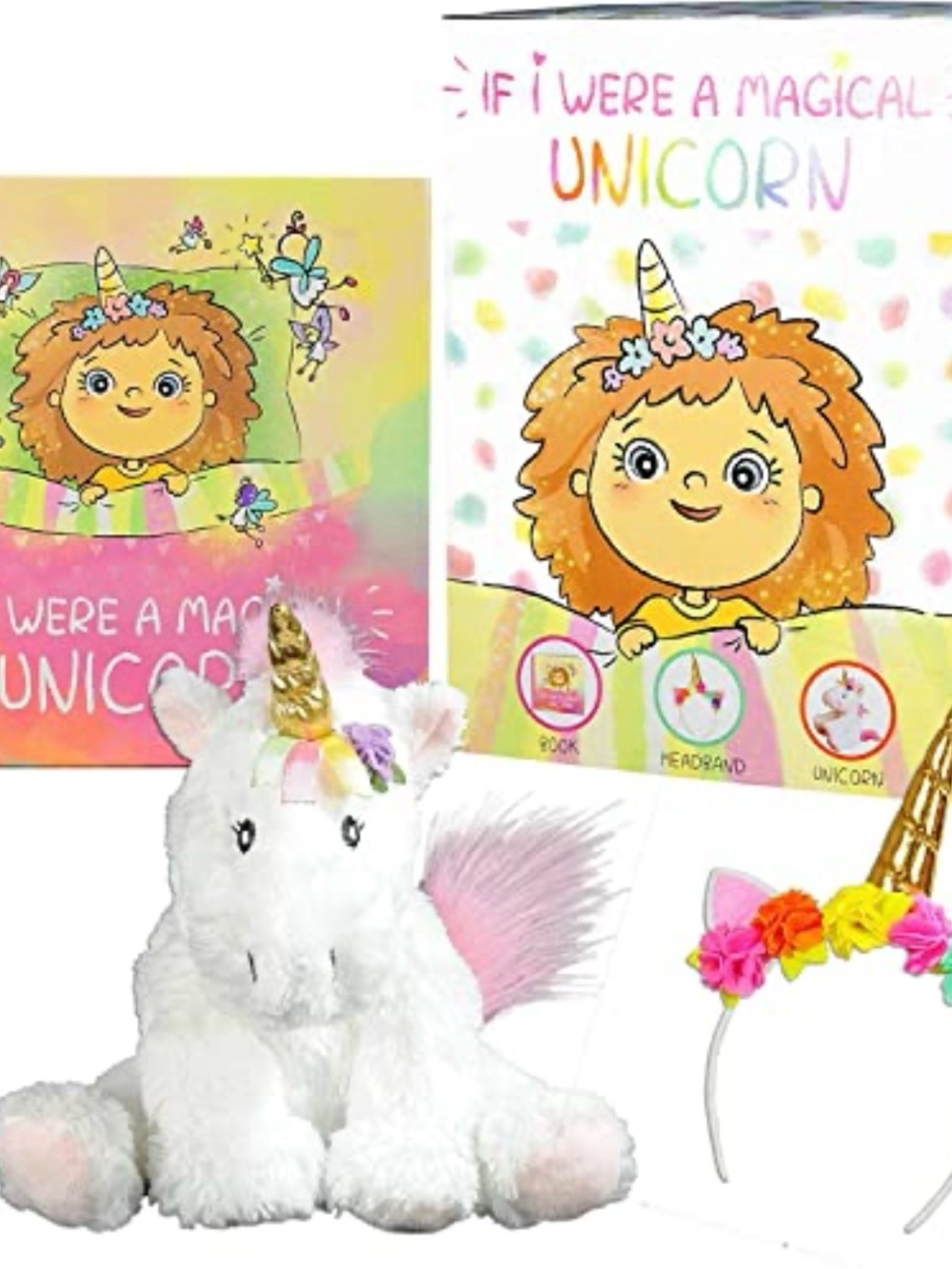 Magical White Unicorn Plush Toy with Pink Mane & Flower Headband